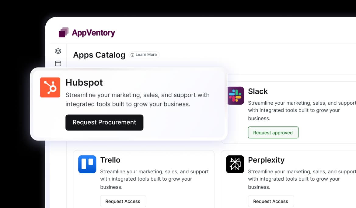 Apps catalog with procurement and access requests awaiting approval